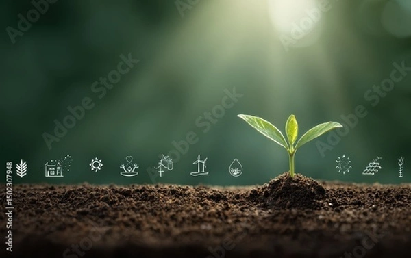 Fototapeta A vibrant green sprout emerges from rich soil, backlit by sunlight, with small icons representing growth, sustainability, and resources at its base
