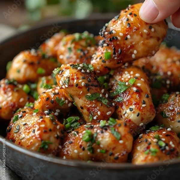 Fototapeta Coating chicken in spicy Korean glaze, hand in shot,generative ai illustration