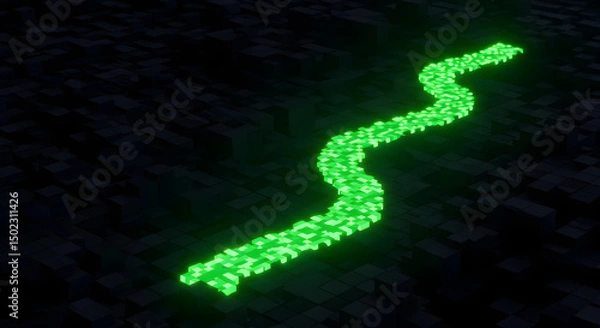 Fototapeta Green Pixel Path on Dark Blocks