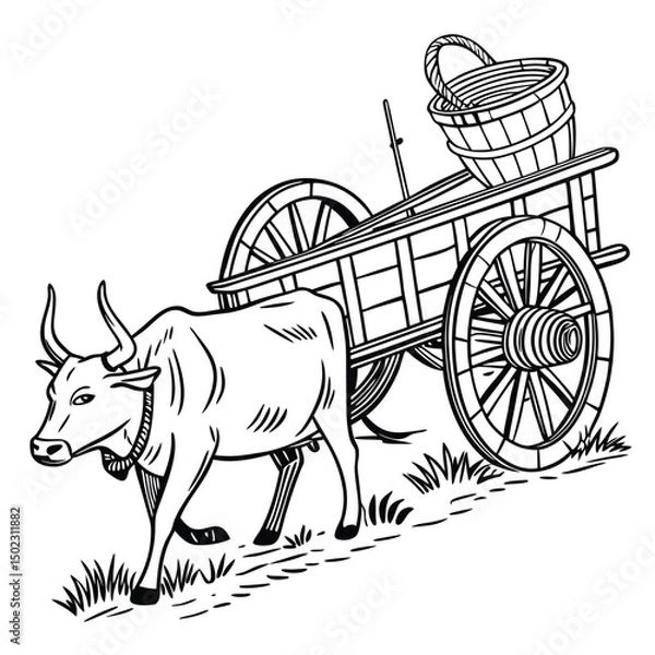 Fototapeta Ox-Powered Cart in an Agricultural Setting Vintage Black and White