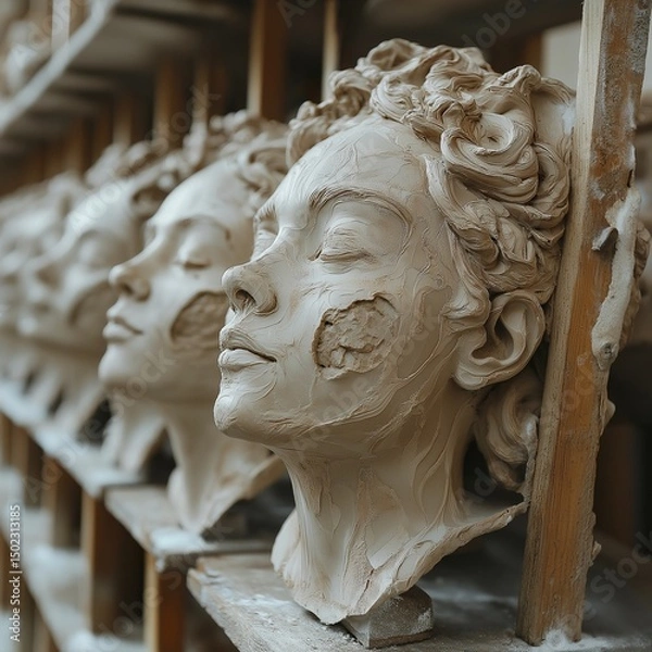 Fototapeta Freshly finished clay sculptures drying on a rack, high-resolution texture,generative ai illustration