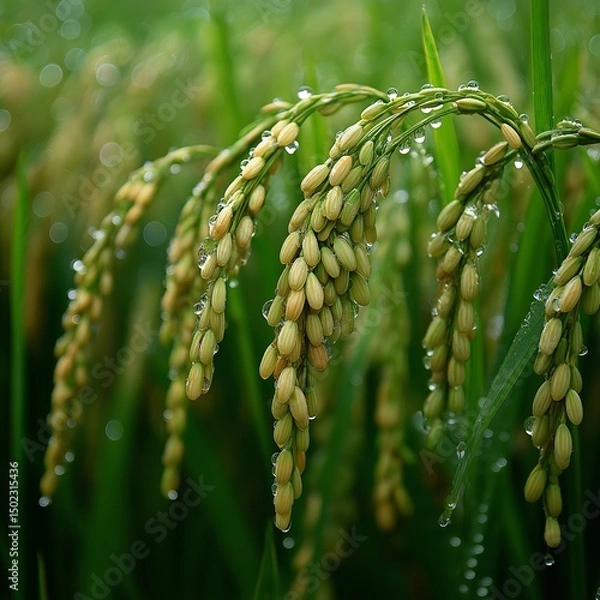 Fototapeta Green rice field with raindrops, close-up crop of blades,generative ai illustration