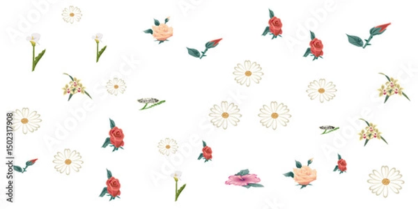Fototapeta Spring Flower Collection. Set floral of wildflower, leaf branch, foliage on white background. Hand drawn blossom illustration for decor, easter, thanksgiving, clipart.. eps 10