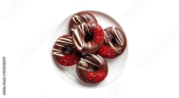 Fototapeta Delicious Red Velvet Donuts with Chocolate Icing and Sprinkles on White Plate isolated on transparent background