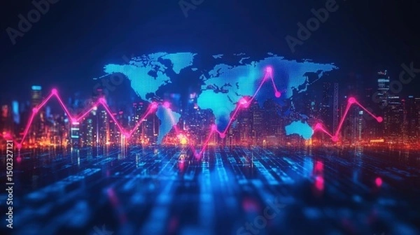 Obraz A glowing financial graph overlaid on a world map and illuminated city skyline at night.