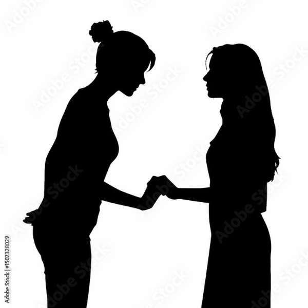 Obraz Silhouette of two women holding hands isolated on white background