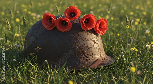 Obraz Red Poppies Resting on Old Military Helmet in Grass Field - War Tribute Concept - Memorial Day Concept