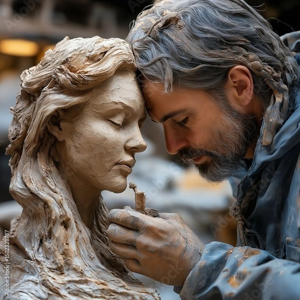Fototapeta Sculptor adding detailed textures to a clay figurine, focused scene,generative ai illustration