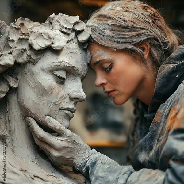 Fototapeta Sculptor adding detailed textures to a clay figurine, focused scene,generative ai illustration