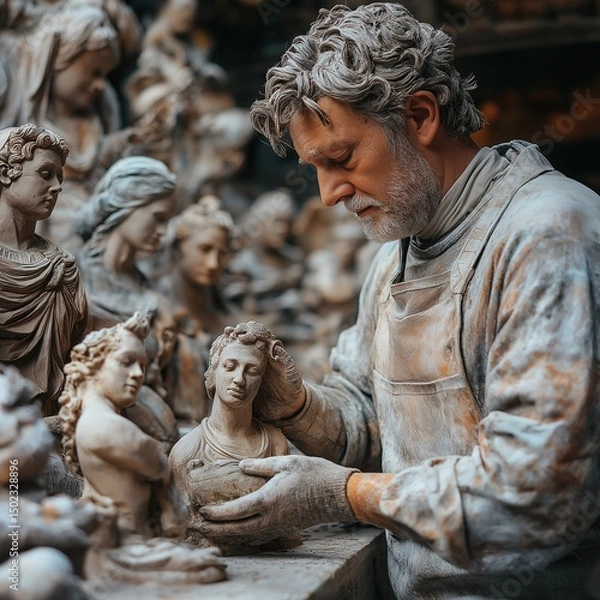 Fototapeta Sculptor adding detailed textures to a clay figurine, focused scene,generative ai illustration