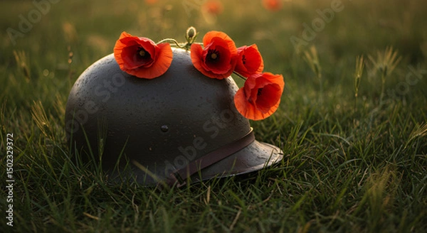 Fototapeta Red Poppies Resting on Old Military Helmet in Grass Field - War Tribute Concept - Memorial Day Concept