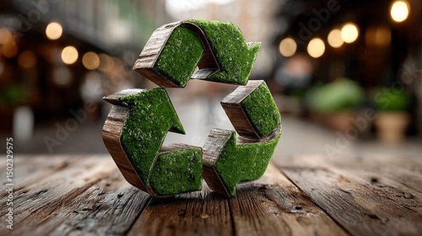 Fototapeta Minimalistic 3D green recycle symbol set against a softly blurred background. Clean design emphasizes sustainability, eco-awareness, and environmental responsibility with caption space on the side.

