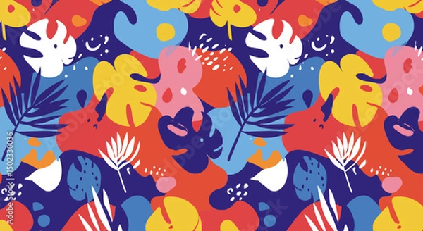 Fototapeta Vibrant tropical pattern with abstract shapes and dark green leaves on a colorful background. Modern design for fabrics, wallpaper, and creative projects