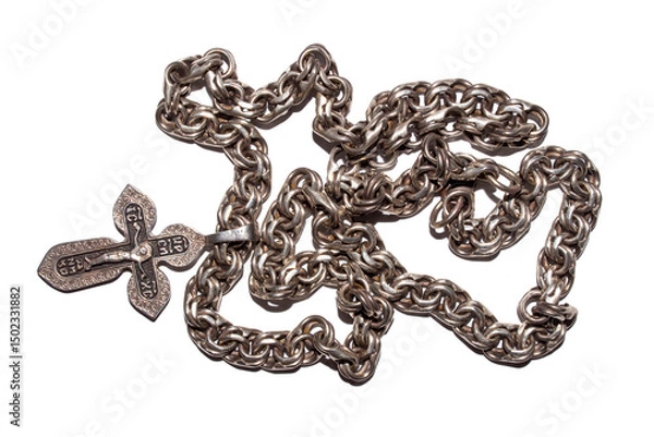 Fototapeta Save and preserve a silver cross with a chain on a white background.Orthodox church silver cross.A silver chain.A cross with Jesus Christ.
