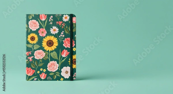 Fototapeta Floral notebook with elastic band on a green background