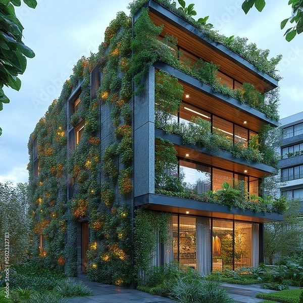 Fototapeta Solar panel integrated with vertical garden faÃ§ade, green architecture,generative ai illustration