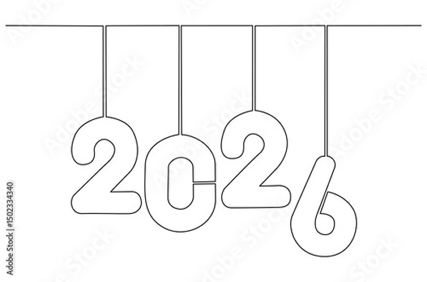 Fototapeta Continuous one line drawing of Happy new year 2026. Single line drawing illustration of New year 2026. Element background and banner new year 2026 concept vector art. Line vector illustration.