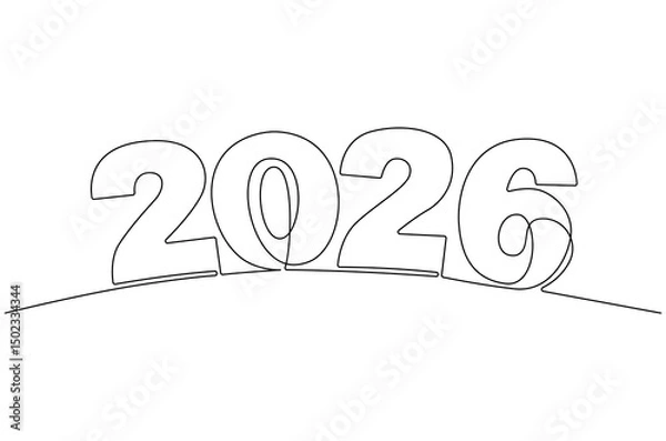 Fototapeta Continuous one line drawing of Happy new year 2026. Single line drawing illustration of New year 2026. Element background and banner new year 2026 concept vector art. Line vector illustration.