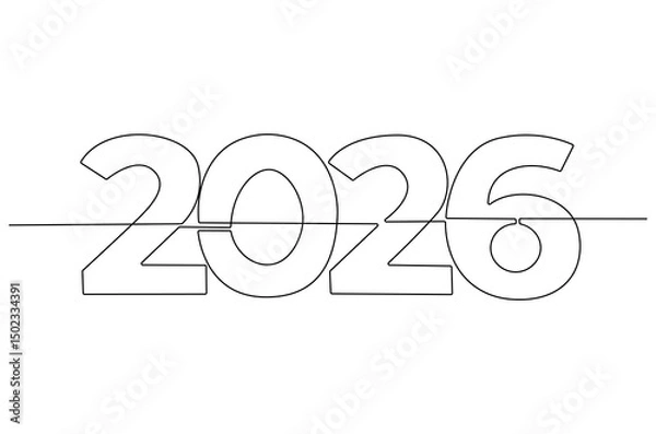 Fototapeta Continuous one line drawing of Happy new year 2026. Single line drawing illustration of New year 2026. Element background and banner new year 2026 concept vector art. Line vector illustration.
