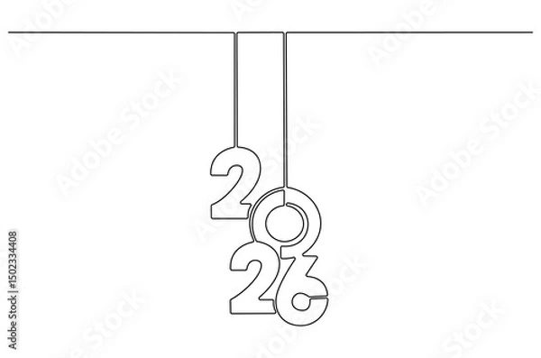 Fototapeta Continuous one line drawing of Happy new year 2026. Single line drawing illustration of New year 2026. Element background and banner new year 2026 concept vector art. Line vector illustration.