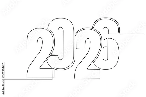 Fototapeta Continuous one line drawing of Happy new year 2026. Single line drawing illustration of New year 2026. Element background and banner new year 2026 concept vector art. Line vector illustration.