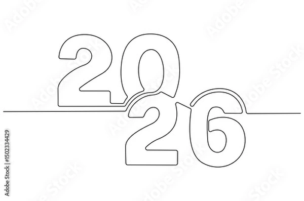 Fototapeta Continuous one line drawing of Happy new year 2026. Single line drawing illustration of New year 2026. Element background and banner new year 2026 concept vector art. Line vector illustration.