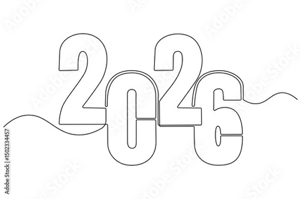 Fototapeta Continuous one line drawing of Happy new year 2026. Single line drawing illustration of New year 2026. Element background and banner new year 2026 concept vector art. Line vector illustration.