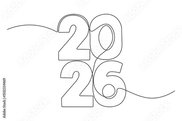 Fototapeta Continuous one line drawing of Happy new year 2026. Single line drawing illustration of New year 2026. Element background and banner new year 2026 concept vector art. Line vector illustration.