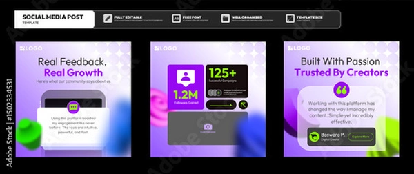 Obraz Editable Social Media Kit for Influencer Highlights and Reviews. Business Instagram and facebook square post template. Modern design, gradient, neon, colorful