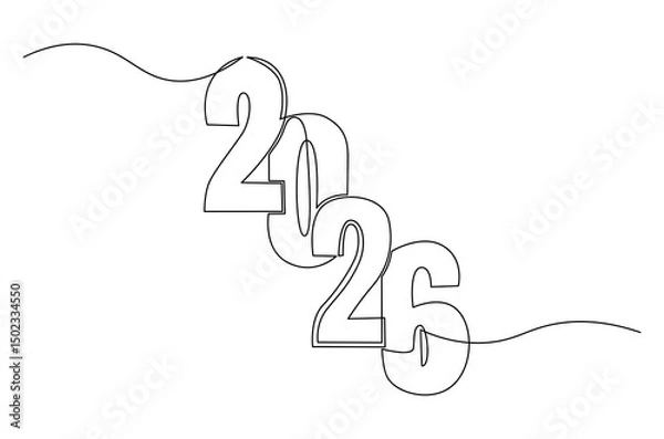 Fototapeta Continuous one line drawing of Happy new year 2026. Single line drawing illustration of New year 2026. Element background and banner new year 2026 concept vector art. Line vector illustration.