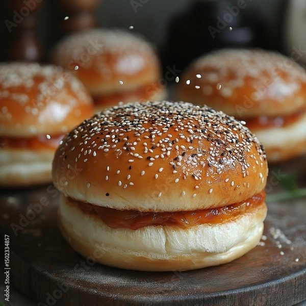 Fototapeta Sprinkling sesame seeds on burger bun before baking,generative ai illustration