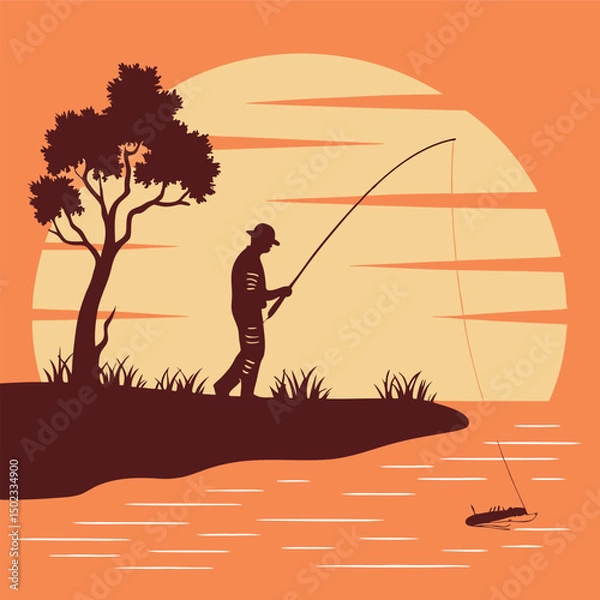 Obraz Fisherman silhouette, Fisher with fishing rod and hooked fish isolated vector illustration