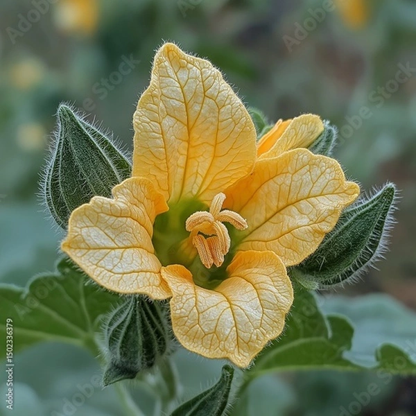 Fototapeta Tiny zucchini forming under flower, close-up growth stage,generative ai illustration