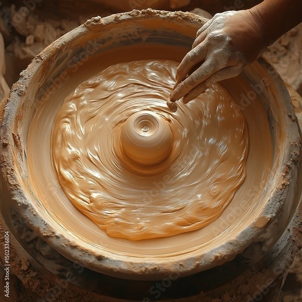 Fototapeta Top-down view of a spinning pottery wheel with clay taking form, motion blur effect,generative ai illustration