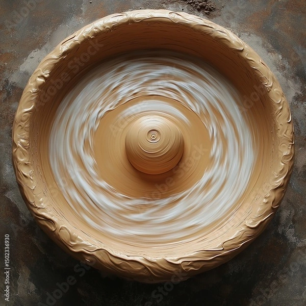Fototapeta Top-down view of a spinning pottery wheel with clay taking form, motion blur effect,generative ai illustration