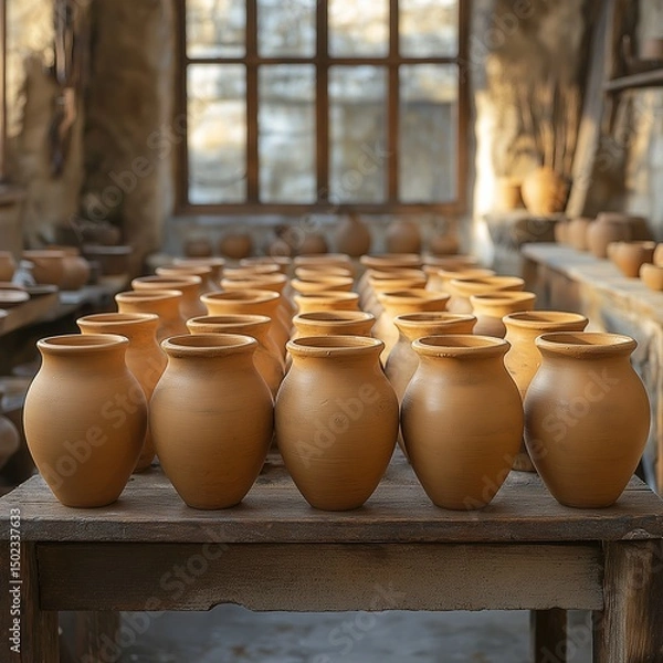 Fototapeta Traditional pottery-making workshop with tools and clay pots, cozy and warm atmosphere,generative ai illustration