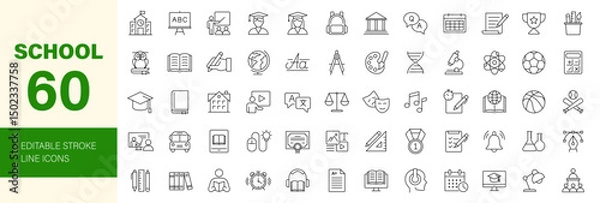 Fototapeta School icon set. Containing education, learning, teacher, book, E-learning, graduation, school subjects, classroom, students and more. Editable line icons. Vector illustration.