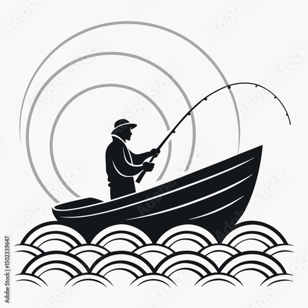 Fototapeta Fisherman silhouette, Fisher with fishing rod and hooked fish isolated vector illustration