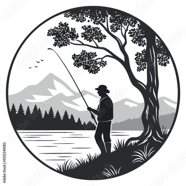 Obraz A fisherman with a catch of fish. Fish on a hook. Fisherman in gear with fishing rod silhouette