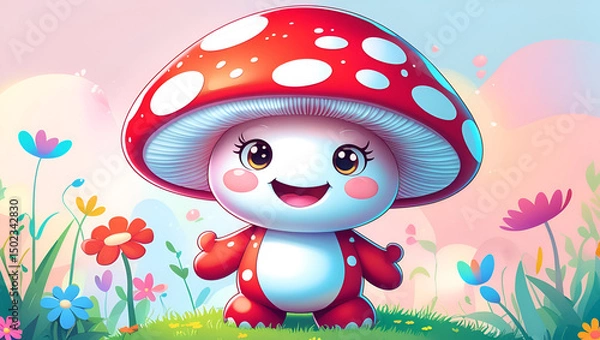 Obraz Cute cartoon mushroom character on grass with flowers.