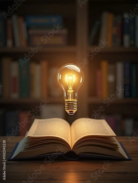 Obraz Illuminated Book Pages and Floating Lightbulb Symbolic Knowledge Icons in Rustic Setting - Educational Enlightenment and Modern Classroom Innovation