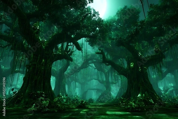 Fototapeta Mystical moonlit swamp in vibrant green