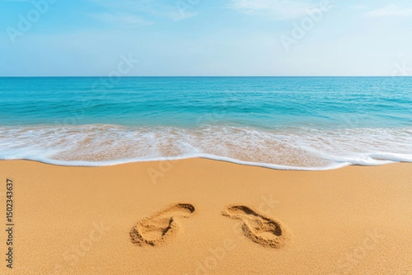 Fototapeta Sandy beach footprints leading to the ocean, with gentle waves lapping at the shore under a clear blue sky, symbolizing tranquility and vacation.