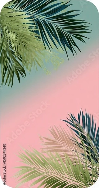 Obraz Tropical foliage art print, featuring vibrant palm leaves in various shades of green, teal, and beige, against a soft ombre background of pink and teal