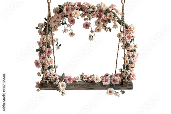 Fototapeta Rectangular wooden frame with rope suspension adorned with delicate pink and white cosmos flowers cascading naturally, isolated on a transparent background