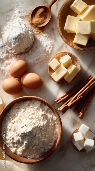 Fototapeta A beautifully arranged set of baking ingredients on a marble surface, including flour in a wooden bowl, cracked eggs, butter cubes, sugar, and cinnamon sticks with soft natural.