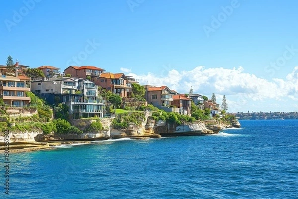 Obraz Stunning seaside view of residential buildings in the Sydney Bronte district under clear blue skies, Sydney Bronte district view from seaside Residential houses on ocean cliff