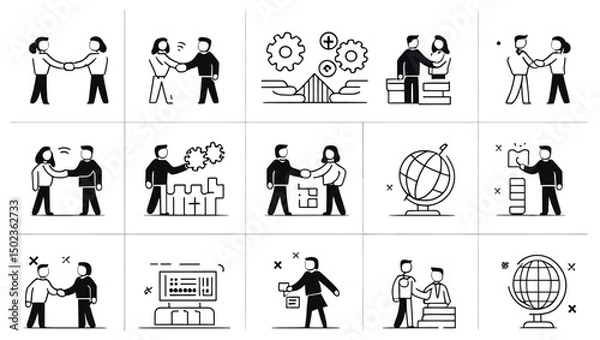 Fototapeta Business Dealings and Global Strategy: Simple Black and White Line Art Icons.