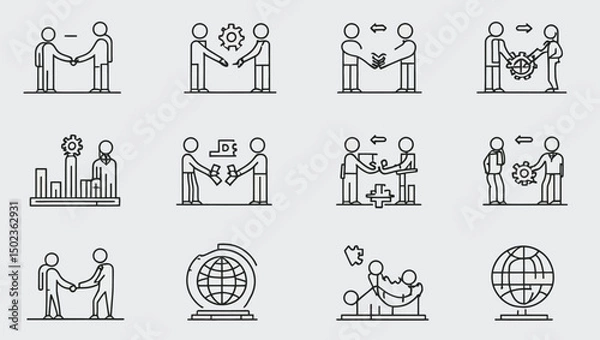 Fototapeta Business icons showing communication, investment, global reach, partnership, and problem-solving.