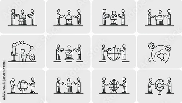 Fototapeta Outline Icons Set Representing Business Collaboration, Global Partnership, Innovation, and Technology Solutions